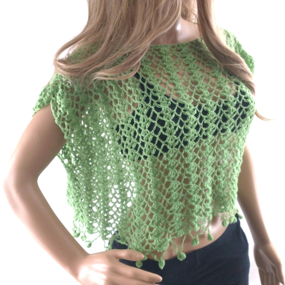 💚Top, Lace, Handmade, Crochet, Cropped, Green, Knit